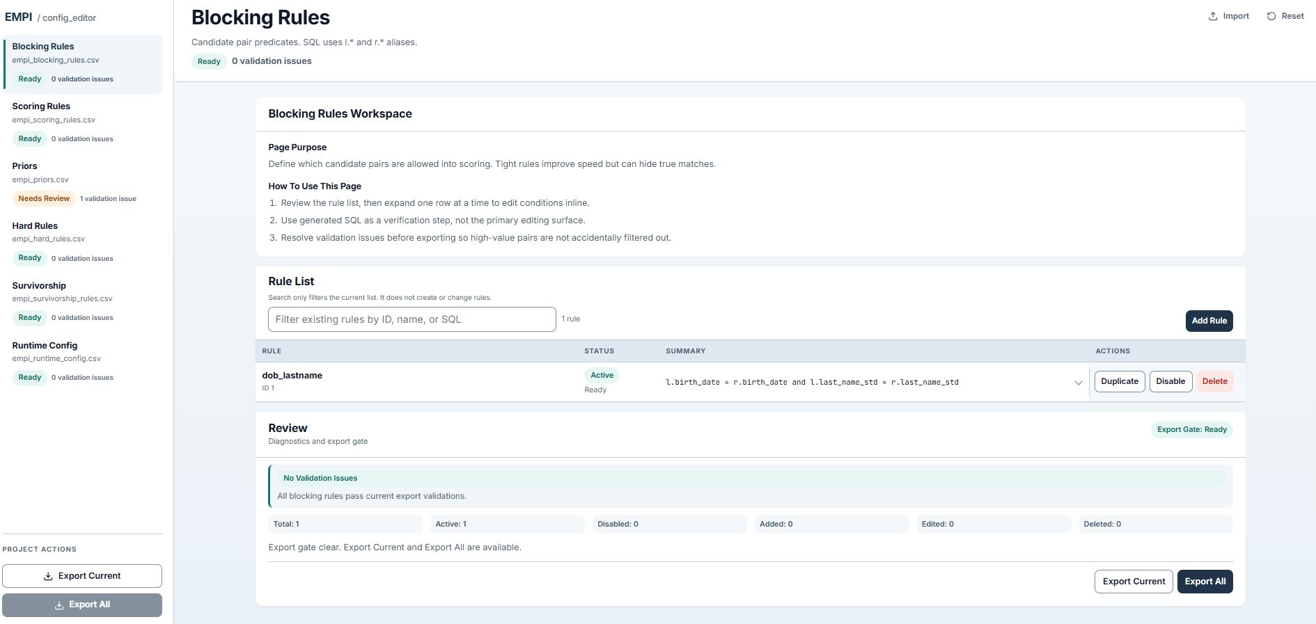 EMPI Config Editor — blocking rules