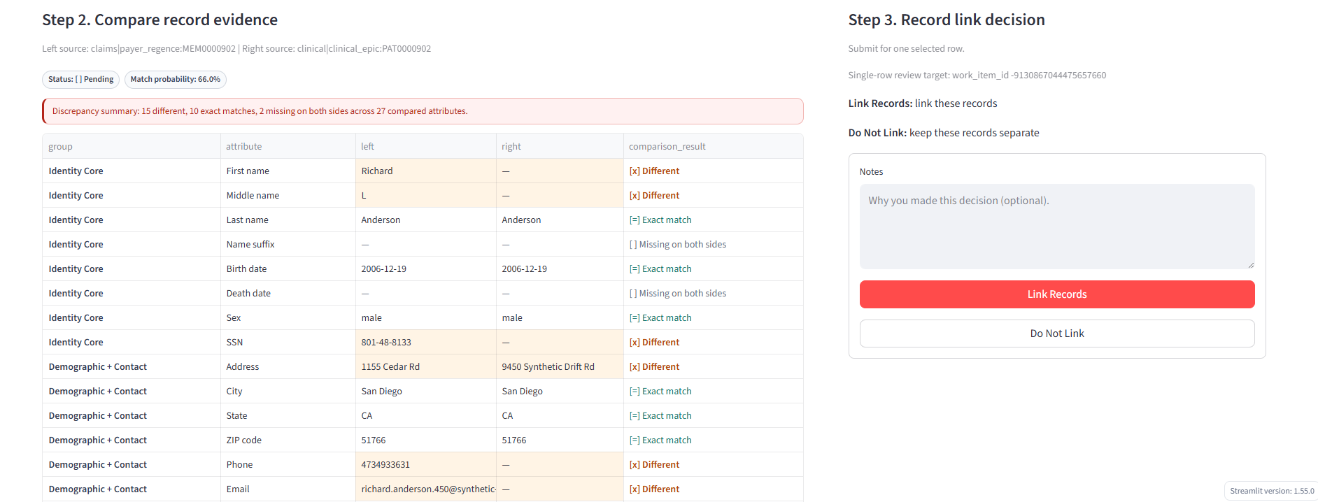 EMPI Workbench — side-by-side record comparison and decision panel