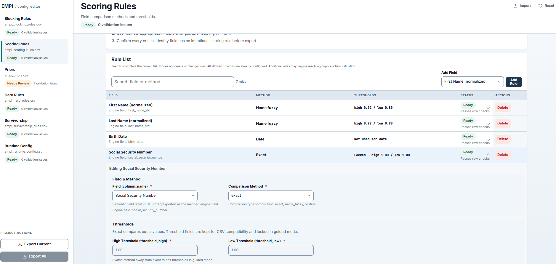 EMPI Config Editor — scoring rules with comparison methods and thresholds